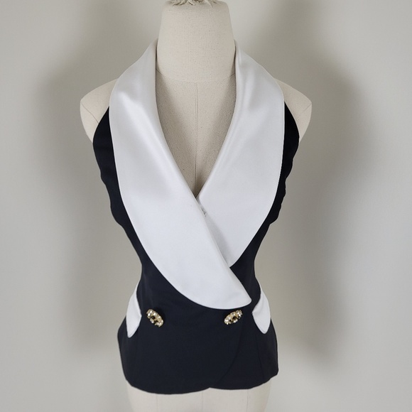 90's Waistcoat Black & White formal double breasted lapel V-neck plunge neckline - Picture 11 of 16